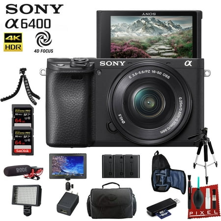 Sony Alpha a6400 Mirrorless Digital Camera with 16-50mm Lens With Bag, Tripod, 2x Extra Batteries, Rode Mic, LED Light, 4K Monitor, 2x 64GB Memory Card, Sling Bag, and (Best Sony Camera For Low Light)