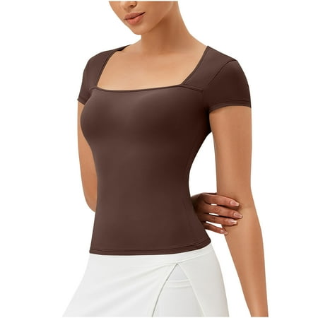 APEXFWDT Womens Square-Neck Training Sports Bra - Seamless Workout Quick-Dry Top Lightweight Short Sleeve Athletic Top Summer Saving  XL Brown