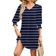 thumbnail image 5 of Qulqfy Mini Womens Dress 3/4 Sleeve Casual Blue Tunic Striped Short V Neck Dresses Women Fall Dresses L, 5 of 7