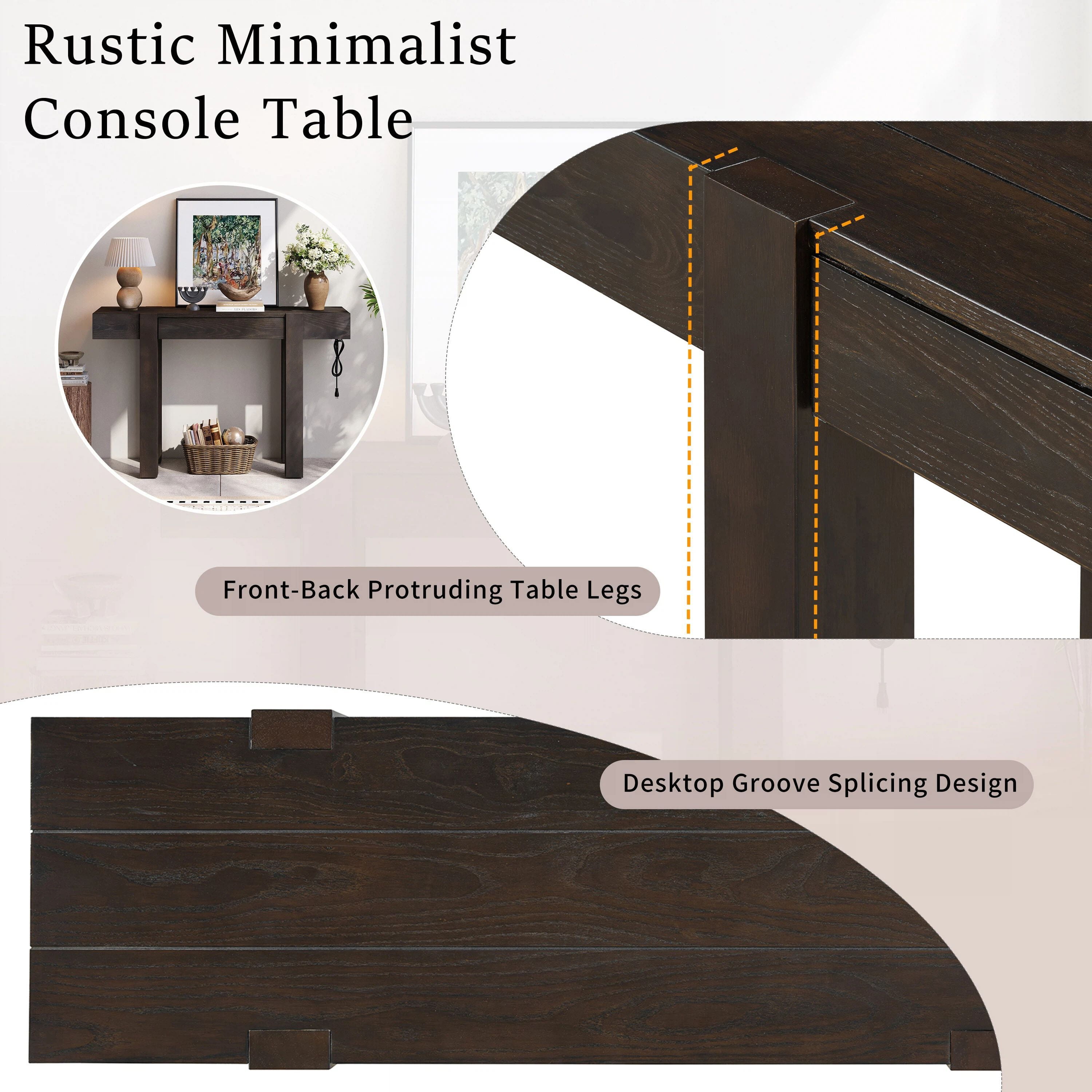 Euroco 47" Rustic Minimalist Console Table with Hidden Drawer & Side Power Outlet, Accent Entryway Table Sofa Table for Hallway Foyer Living Room,Espresso