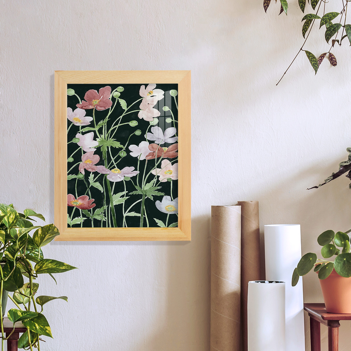 Anemone Dance III -Framed Print w/glass-Natural Wood
