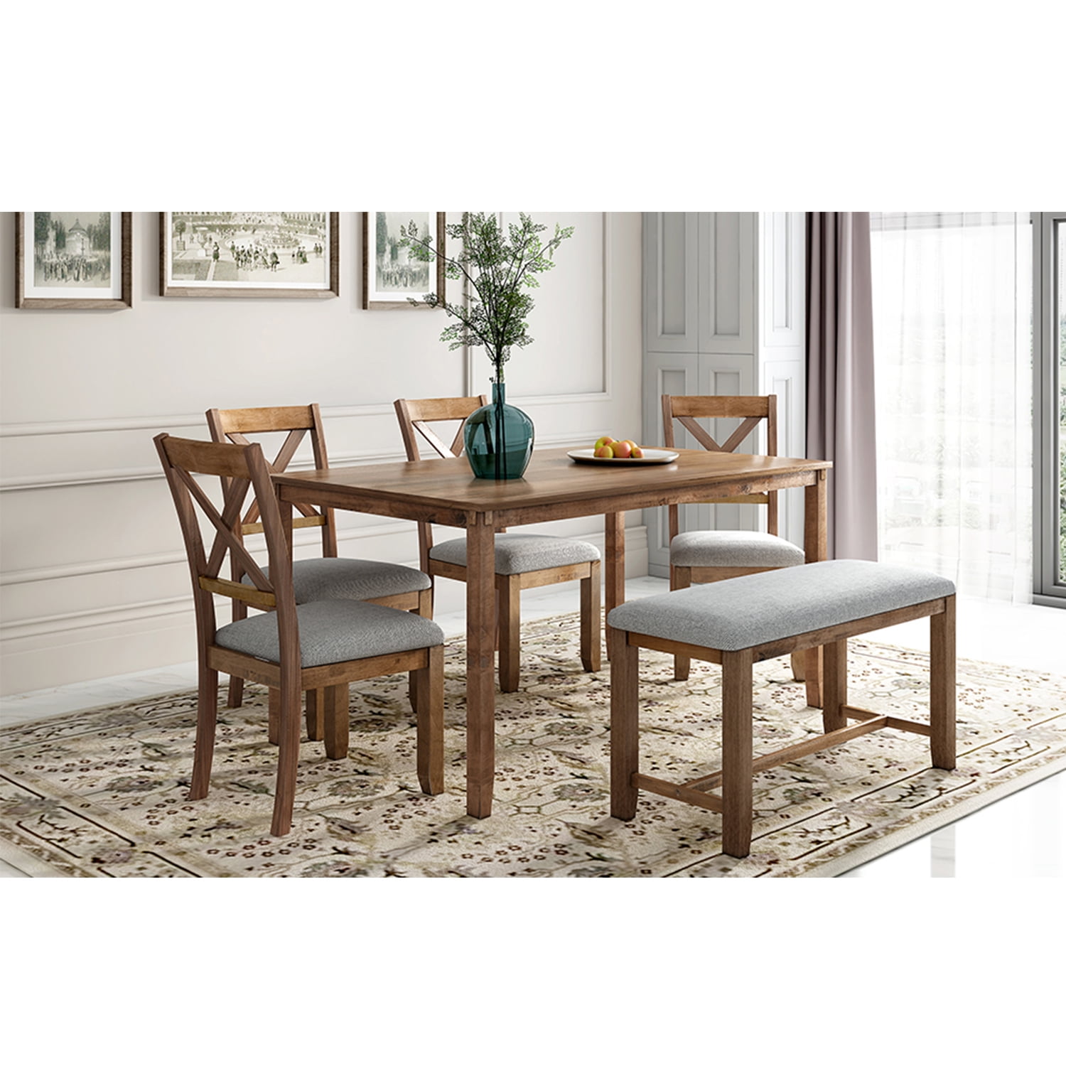 Kadyn 6-Piece Kitchen Dining Table Set Wooden Rectangular Dining Table, 4 Fabric Chairs and Bench Family Furniture (Natural Cherry)