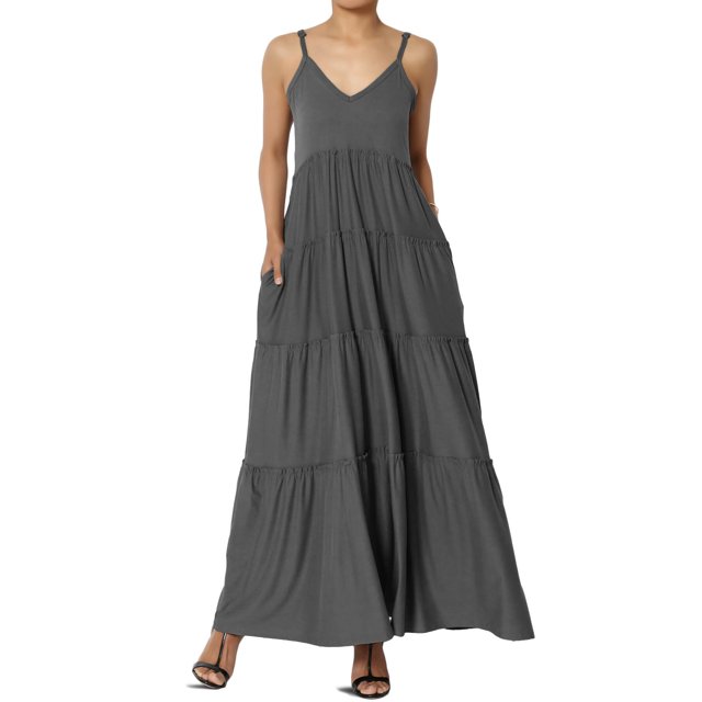 TheMoogan Robe Longue Maxi d'Été Décontractée pour Femme à Volants Superposés, Col en V, Camisole, Soleil, avec Poche