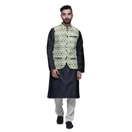 

Atasi Mandarin Collar Traditional Solid Kurta Pajama With Printed Jacket Set