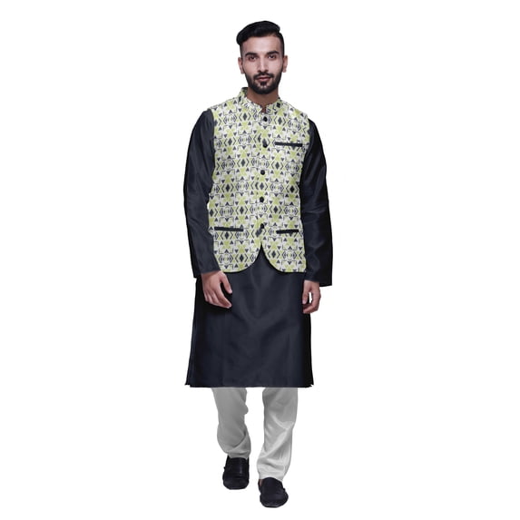 Atasi Kurta Solid Churidar Pajama & Printed Nehru Jacket Set For Mens Party Wear