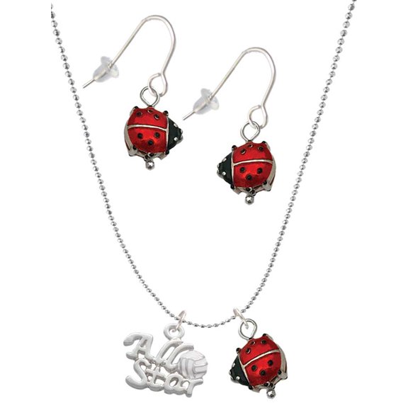 Delight Jewelry Silvertone All Star - Volleyball Red Lucky Ladybug Necklace and Dangle Earrings Set