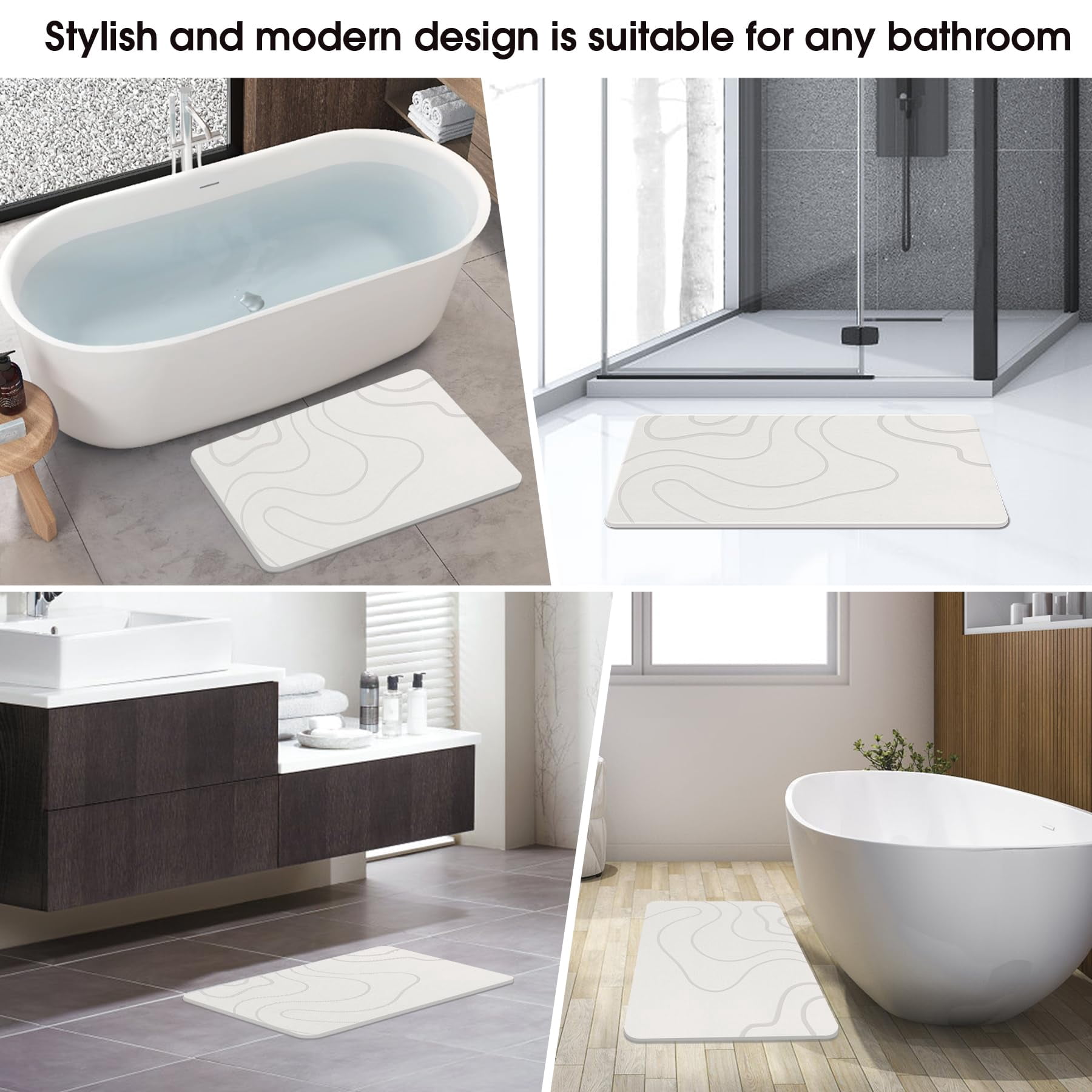 Stone Bath Mat Diatomaceous Earth Shower Mat Non-Slip Super Absorbent Diatomite Stone Mats for Bathroom Floor/Ktichen Cuonter Quick-Drying Easy to Clean (24''*16''White)