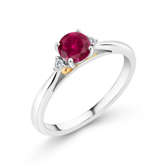 Gem Stone King 925 Sterling Silver and 10K Yellow Gold Red Created Ruby and White Lab Grown Diamond Engagement Ring for Women (1.04 Cttw, Gemstone July Birthstone, Size 7)