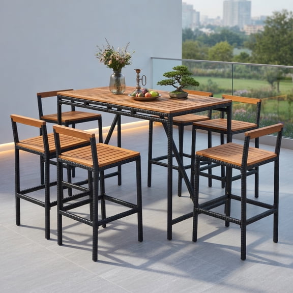 Demi Bonn 7-Piece Outdoor Acacia Wood and PE Rattan Bar Set with Umbrella Hole, Patio Dining Table plus 6 Sturdy Bar Stools for Backyard, Garden, Poolside, Natural Wood