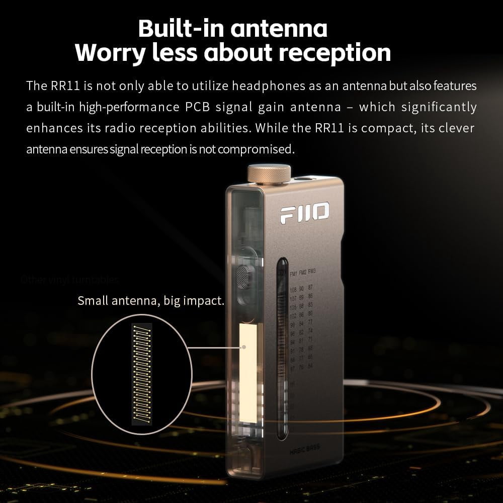 FiiO RR11 Portable HiFi FM Stereo Radio Receiver with Analog PVR Tuning, BASS+3D Sound Effects, 64MHz-108MHz (Titanium Gold)