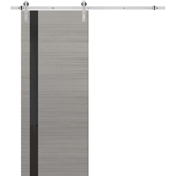 Sturdy Barn Door | Planum 0040 Grey Ash with Black Glass | 6.6FT Rail Hangers Heavy Hardware Set | Solid Panel Interior Doors-36" x 96"-Silver Rail