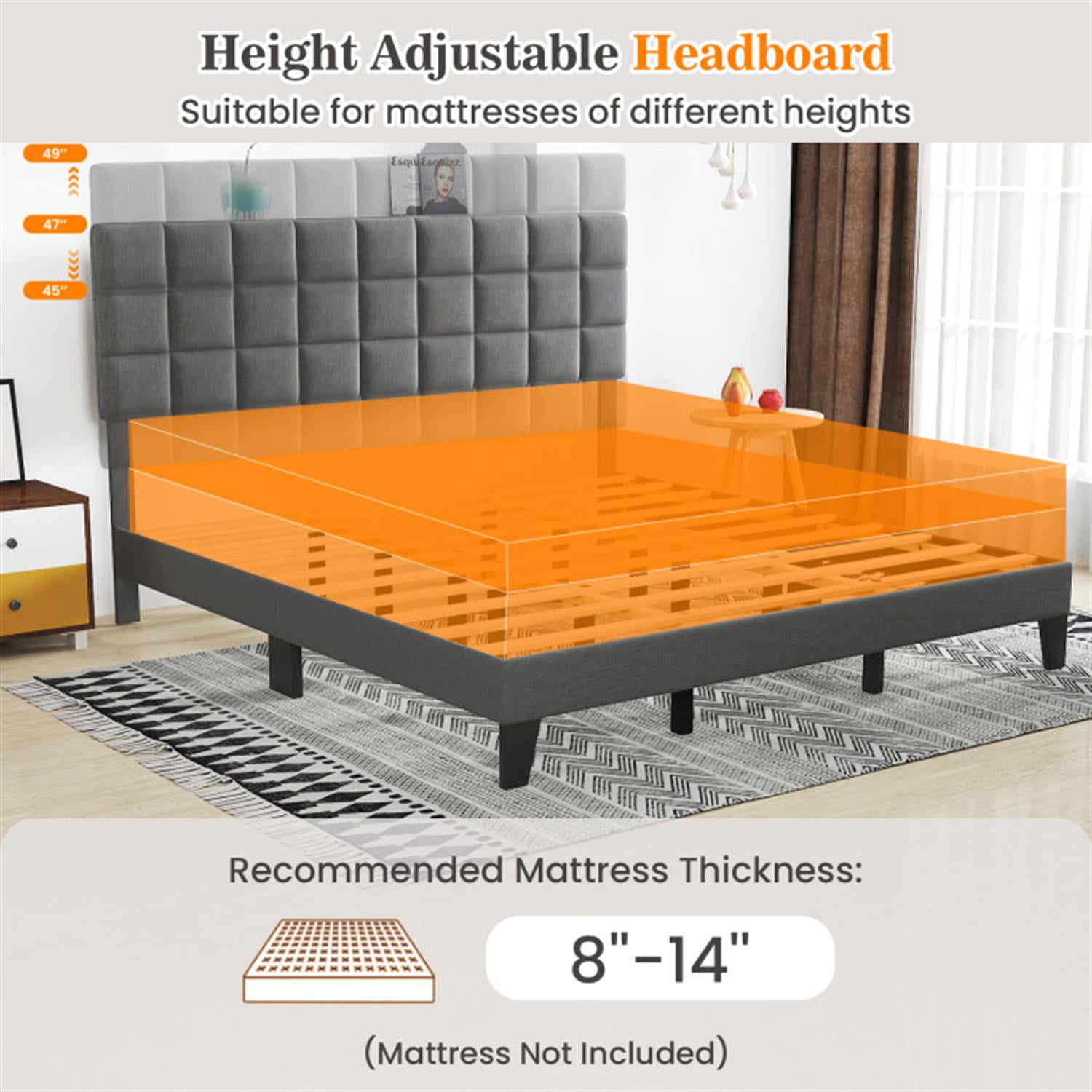 Demi Bonn King Size Bed Frame with Adjustable Headboard, Modern Linen Platform Bed Frame with 10 Strong Wood Slat Support, No Box Spring Needed, Gray