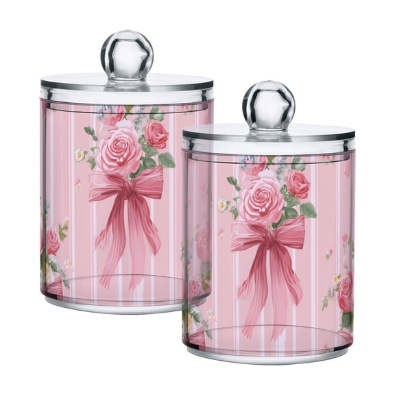 Pink Stripes Bow Tie on Roses Valentine Translucent Plastic Cans Storage Canisters with Lid Set of 2