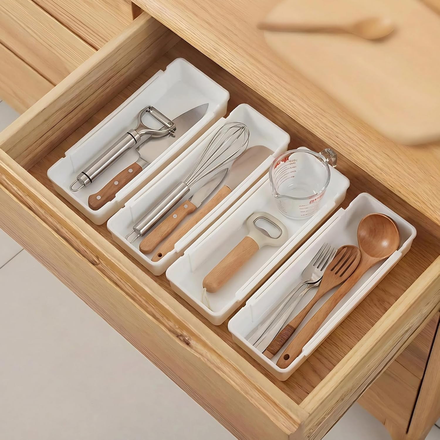 Drawer Organizers Set,Expandable Drawer Organizer Trays,Drawer Organizer Bins for Bedroom,Bathroom, Kitchen, Office (White,4pack)