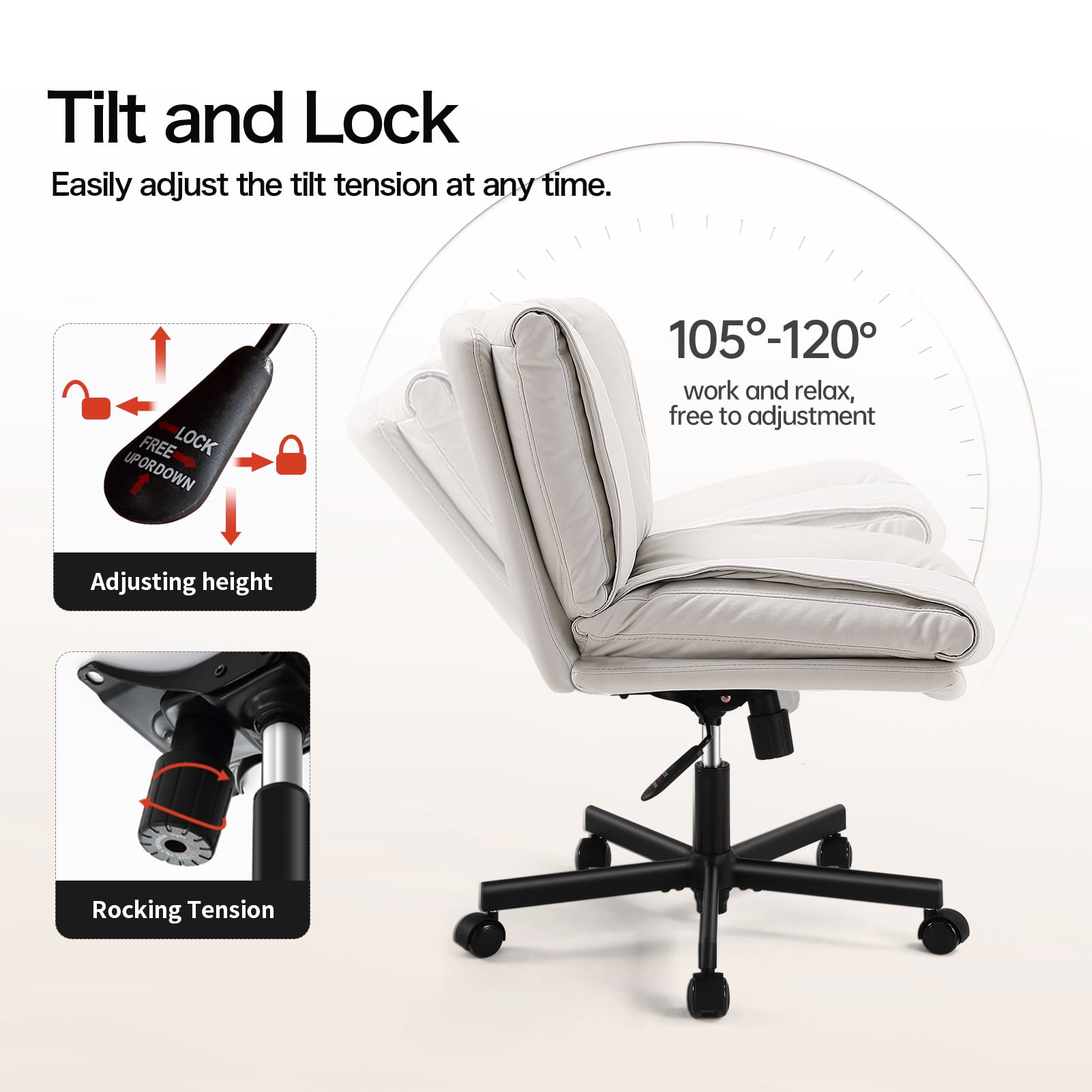 LEAGOO Armless Desk Chairs with Wheels Office Chair Vanity Chair with Technical Cloth Adjustable Swivel Computer Task Chairs for Home Base, Bedroom, Small Space, Make up,Off-white