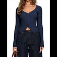 thumbnail image 2 of Cárdigan de Larga para Mujer, Suéter Corto de Punto Abierto, Chaqueta con Cuello en V y Botones para Otoño Azul Marino S, 2 of 10