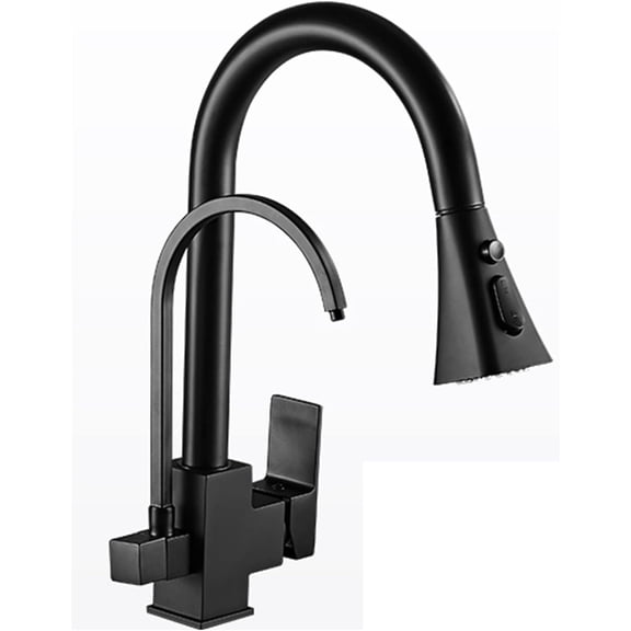 Black Kitchen Faucet with Drinking Water Tap, 360° Swivel Kitchen Sink Faucet with 3 Function Pull Down Sprayer, Brass Dual Handle Cold and Hot Water Kitchen Mixer Tap