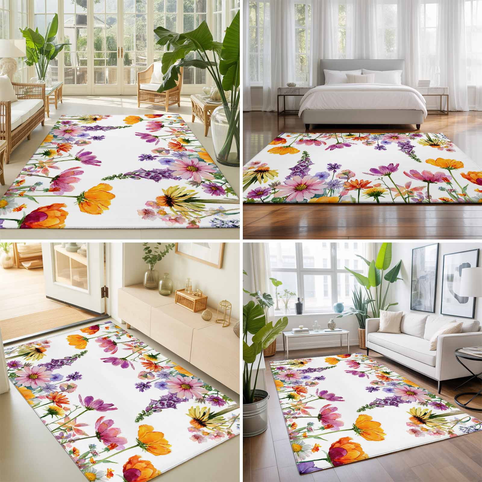 Large Area Rugs 6'x9', Pink Flowers Carpet Runner Indoor Outdoor Rugs Home Decor Aesthetic, Elegant Spring Floral Pastoral Watercolor Non Slip Mats Washable Accent Rug for Living Room Bedroom