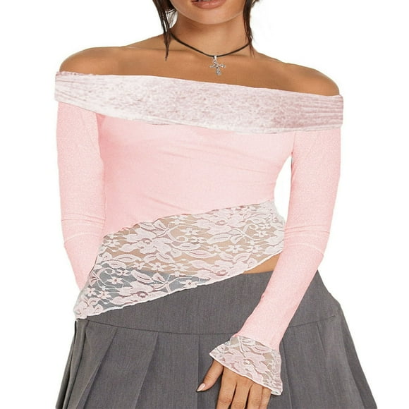 Long Sleeve T-Shirts for Women Boat Neck Casual Shirts with Lace Patchwork
