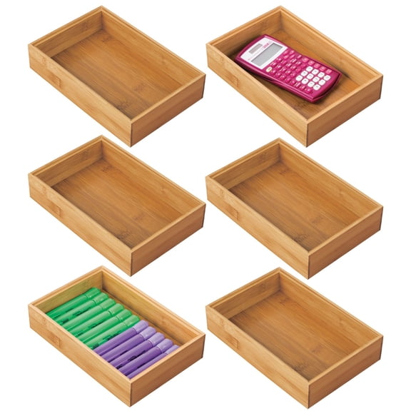 mDesign Stackable 9" Long Office Bamboo Drawer Organizer - 6 Pack, Natural Wood