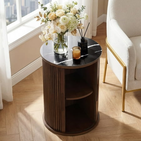Faux Marble Round End Table with Sliding Tambour Door Modern Black Side Tables for Living Room with Fluted Design & Adjustable Shelves Wood Nightstand for Bedroom