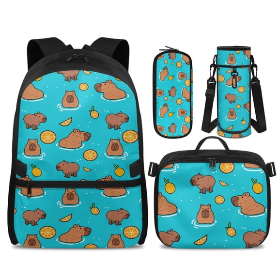 Pzuqiu Orange Capybara Backpack for Teen Boys 4-Piece School Bag Set with Lunch Bag and Water Bottle Holder and Pencil Case 12-16 Kids Large Schoolbag Laptop Backpacks for Middle School