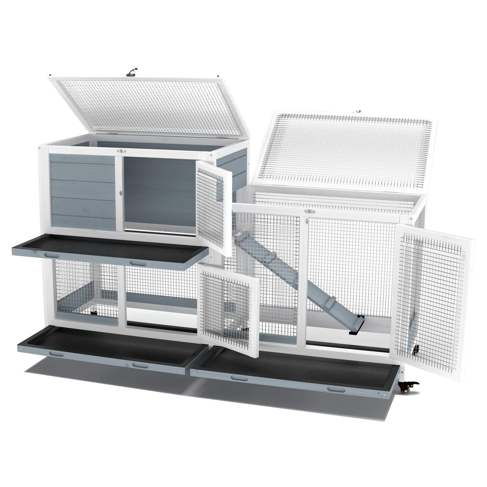 58 Inch Two Tier Wooden Rabbit Hutch Indoor Cage with Wheels for Small Pets Guinea Pig House Waterproof Leakproof Tray Grey