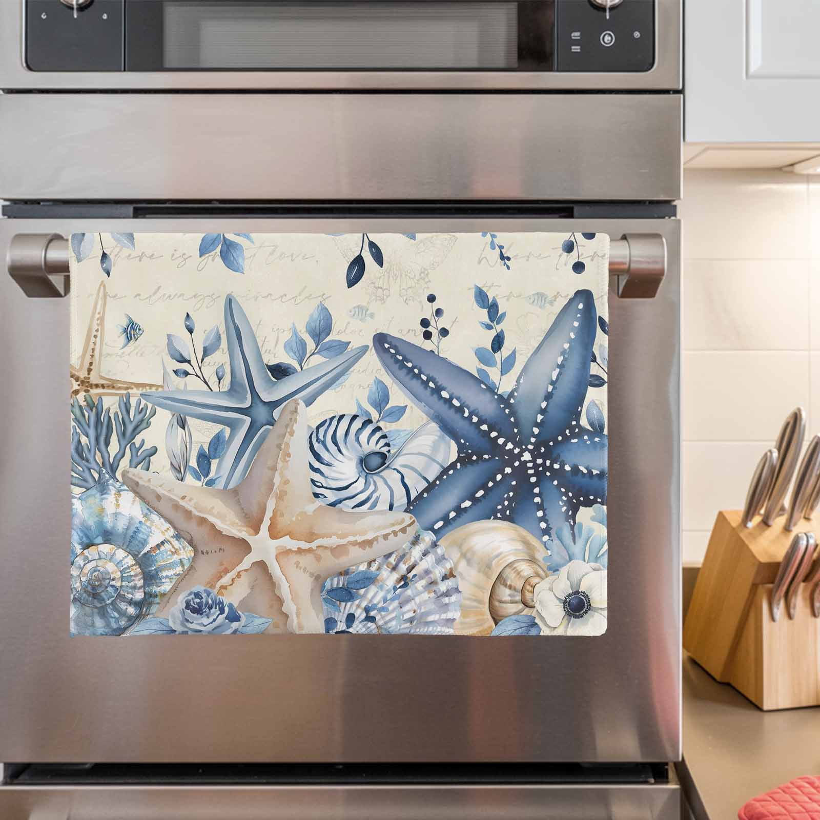 Blue Starfish Coastal 1 Pack Kitchen Towel, Water Absorbent Dish Towel, Eucalyptus Summer Nautical Shell Retro Decorative Hand Towels - Quick Drying Cloth for Cooking Baking, 18x28 Inch
