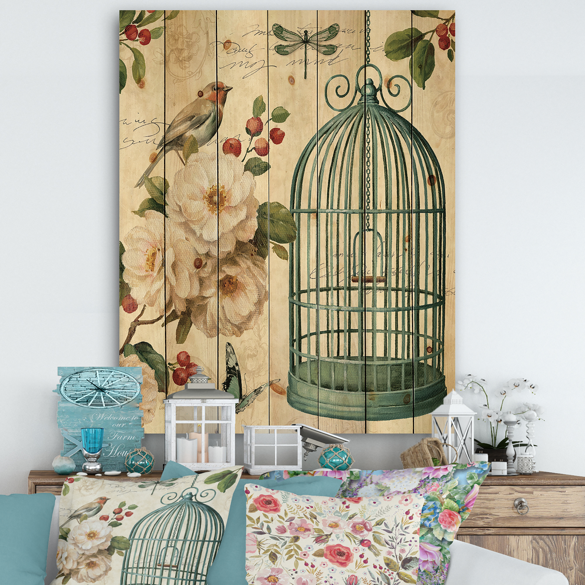 Designart 'Birdcage, Blue Cottage Bird and Apple Blossoms II' Floral and botanical Print on Natural Pine Wood