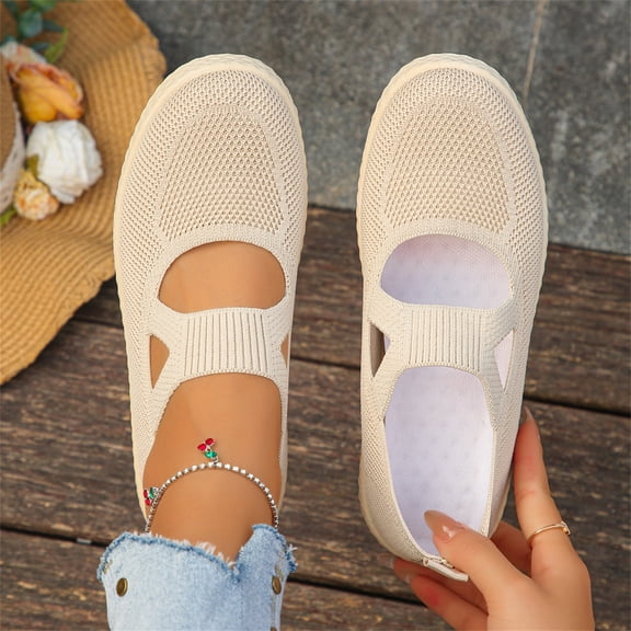 Domzle Women's Slip On Walking Shoes Breathable Knit Loafers Lightweight Casual Comfort Flats for Work Travel and Everyday Wear Beige 38