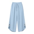 thumbnail image 6 of Lenpel Linen Pants Women Cotton Elastic High Waisted Drawstring Side Button Cropped Wide Leg Pants Baggy Casual Trousers, 6 of 6