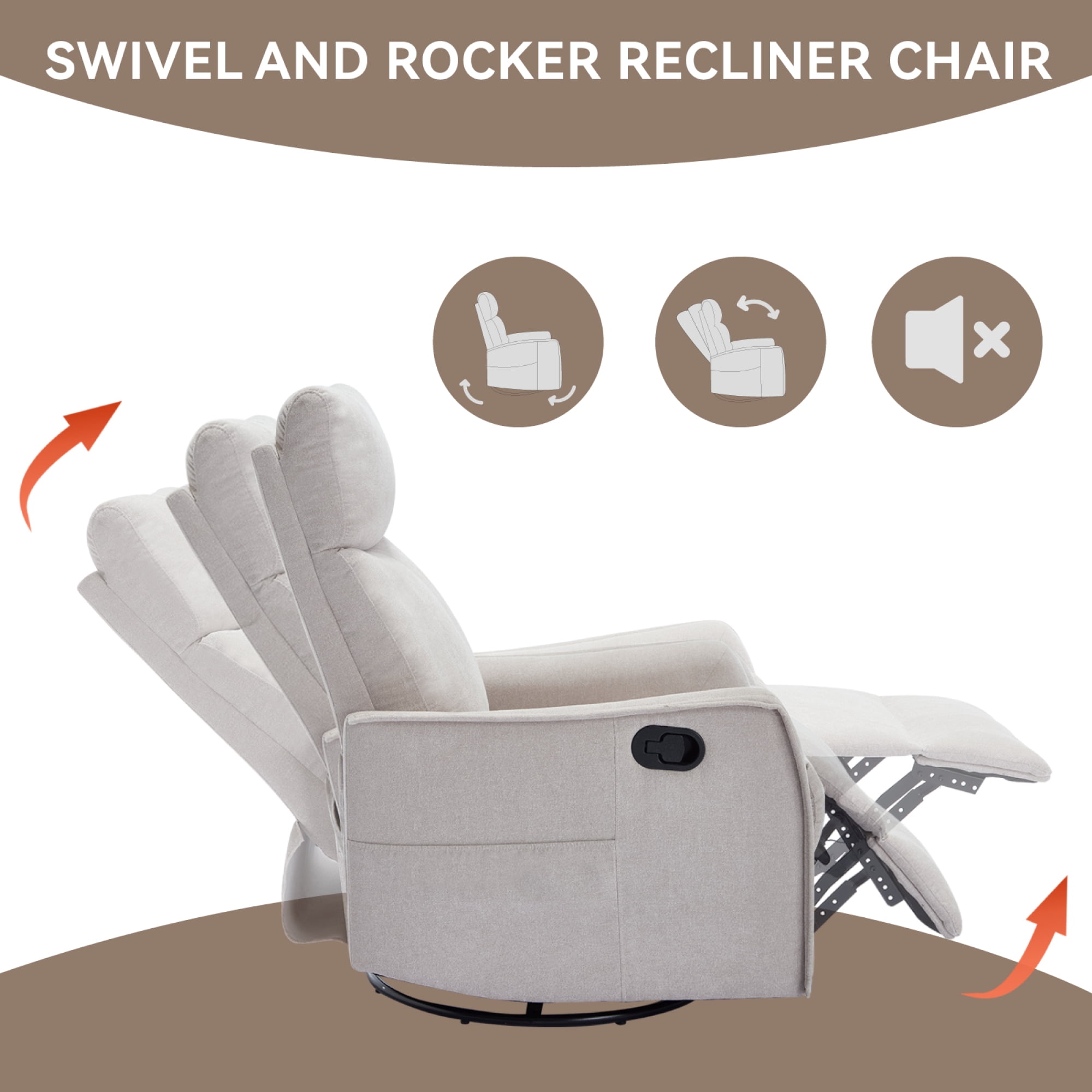 Leumius Recliner Chair with Vibration Massage and Heating,Swivel Rocker Chair for Adults, Modern Fabric Reclining Home Theater Seating for Living Room,Beige