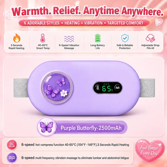 Period Heating Pad, Uterine Warm Belt with 6 Speed Vibration, 6 Level Heating, ,Abdomen Heated Massager,ast Warm-Up for Home, Office & Travel, Purple
