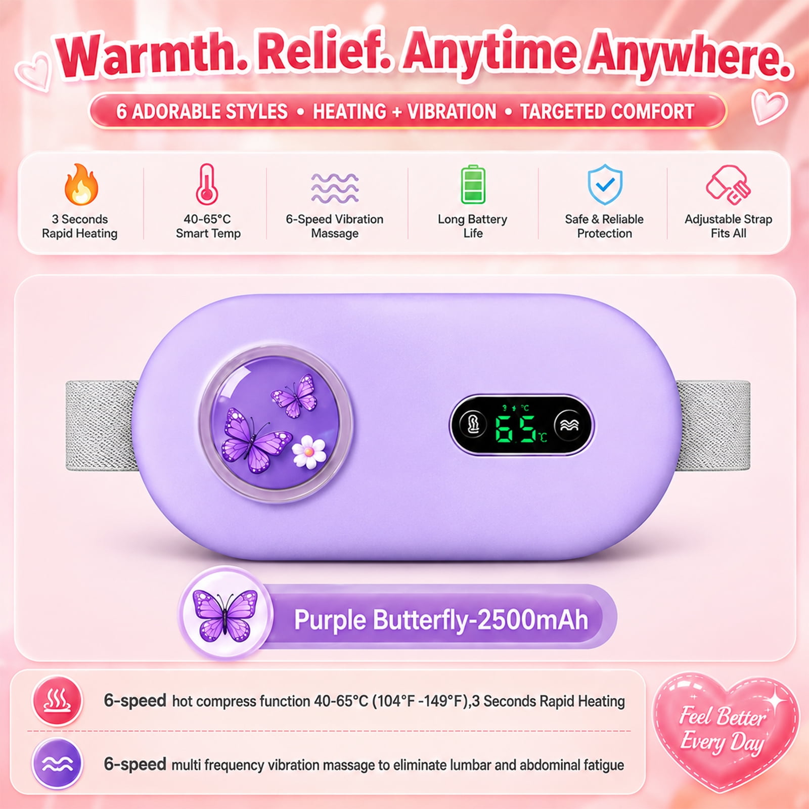 Period Heating Pad, Uterine Warm Belt with 6 Speed Vibration, 6 Level Heating, ,Abdomen Heated Massager,ast Warm-Up for Home, Office & Travel, Purple