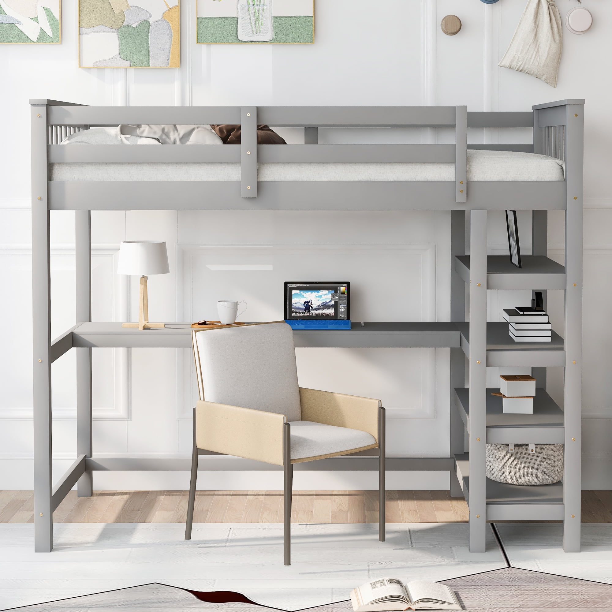 Yoneston Twin Size Loft Bed with Storage Shelves, Wooden Twin Loft Bed Frame with Under-bed Desk for Boys Girls Teens Bedroom, Gray