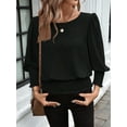 thumbnail image 5 of Women'S 3/4 Sleeve Round Neck Blouses Elastic Waist Hem Smocked Shirts Casual Solid Tops Black XXXL, 5 of 9