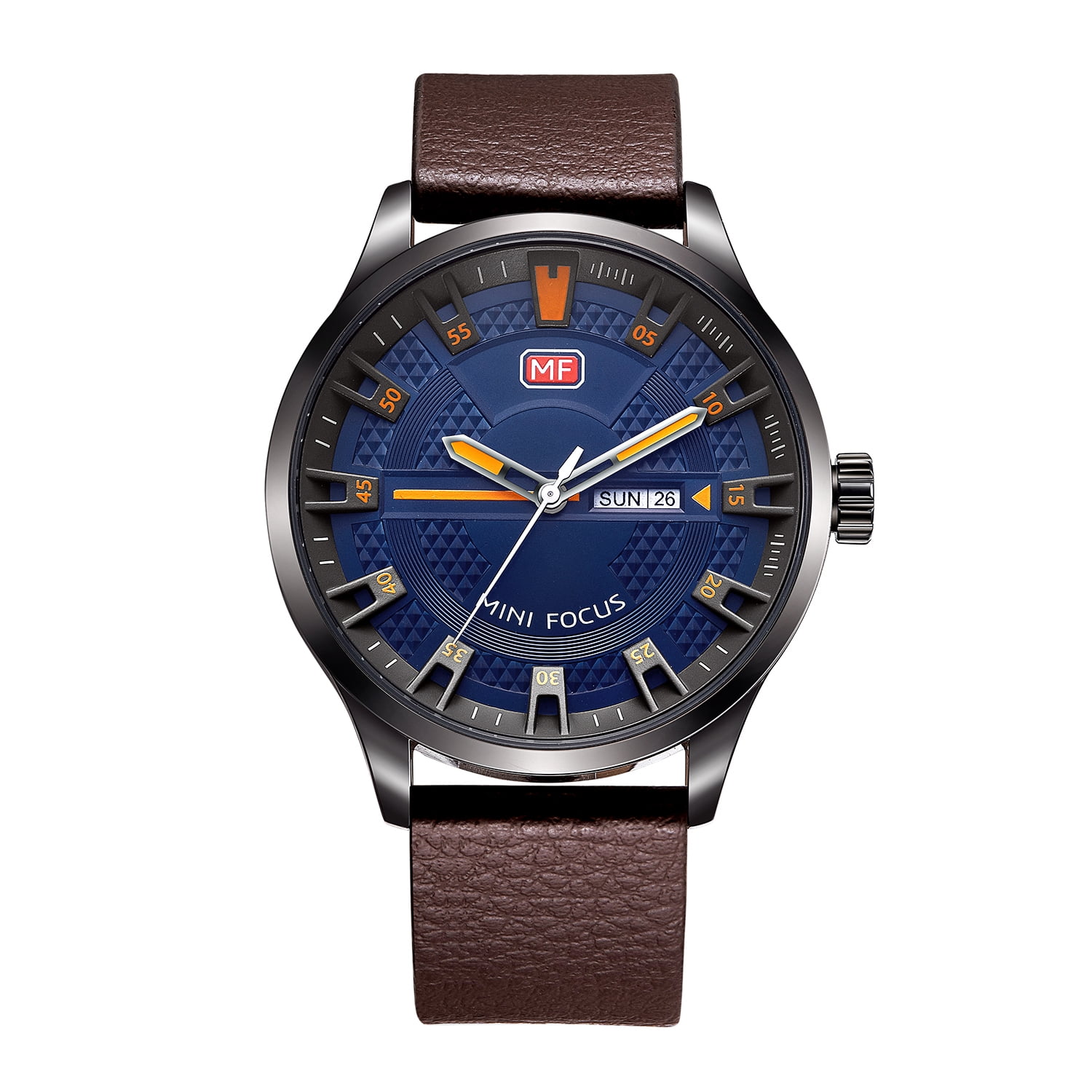 Mens Quartz Watch Blue Face Leather Strap Crystal Dial Mirror Date Week