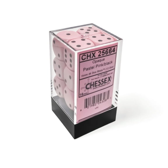 d6 Cube 16mm Opaque Pastel Pink/black (12)