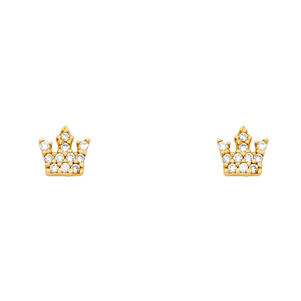 14K Solid Yellow Gold Cubic Zirconia Crown Screw Back Stud Earrings!! 