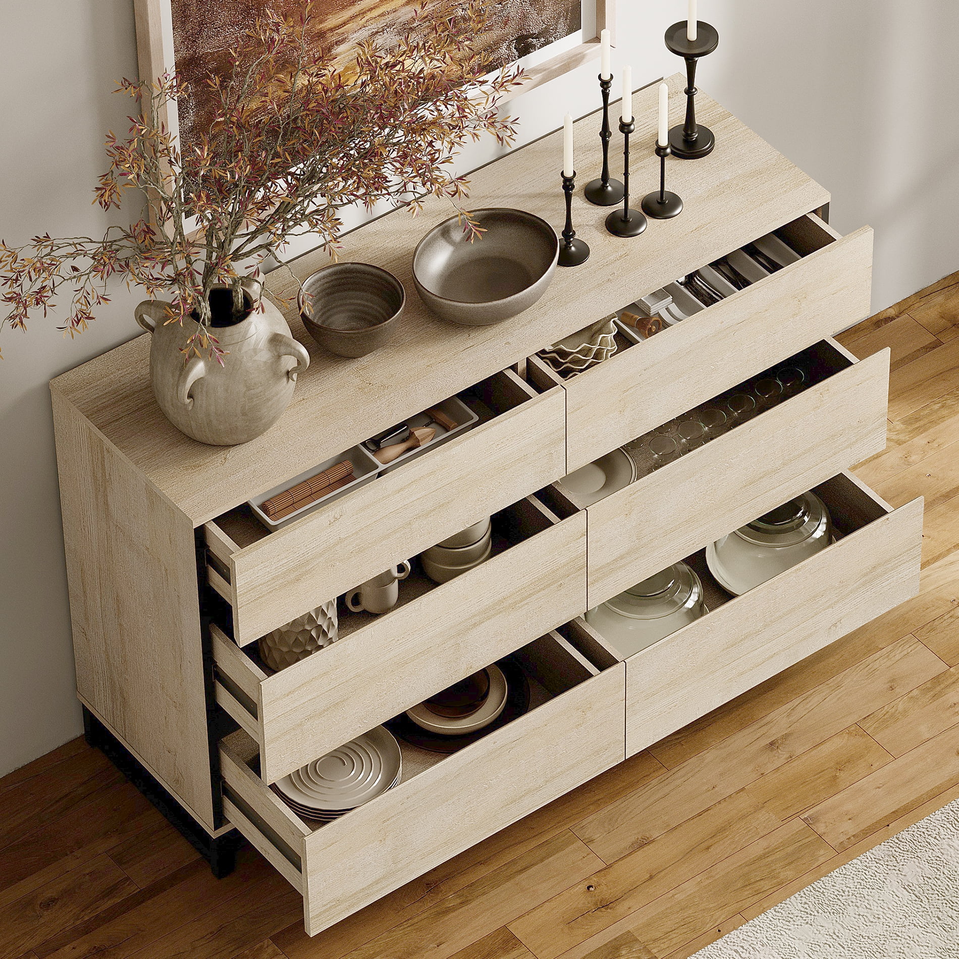 3-In-1 Multifunctional Sideboard Buffet with 12 Drawers, Modern Tempered Glass Door Credenza with Adjustable Shelf & Metal Base, Freestanding Coffee Bar Storage Cabinet for Kitchen Living Room
