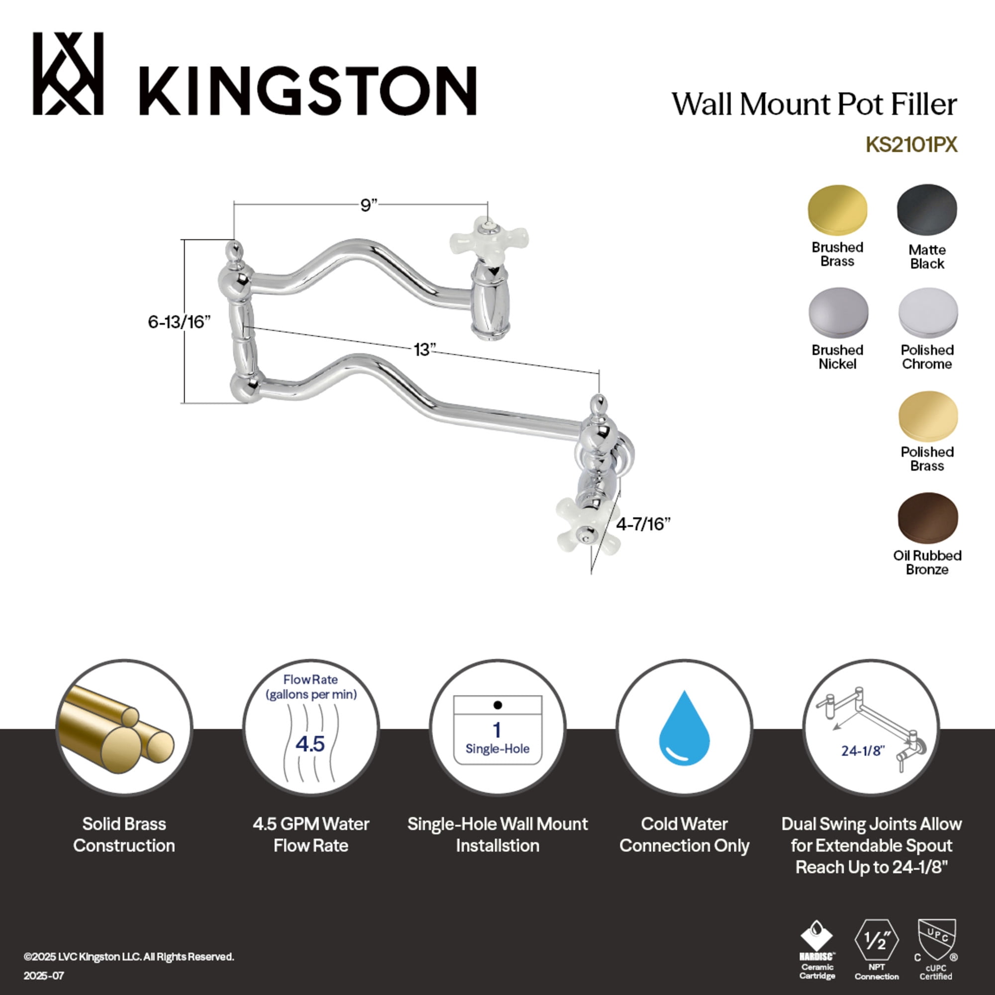 Kingston Brass KS2105PX Heritage Two-Handle 1-Hole Wall Mount Pot Filler Faucet in Oil Rubbed Bronze