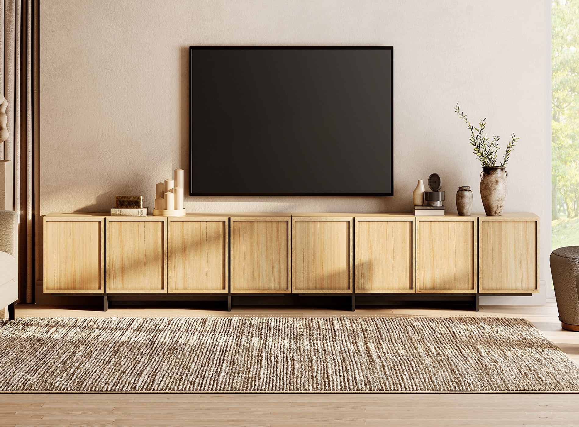 WAMPAT Modern TV Stand for 32-110 inch TVs, Wood Entertainment Center with Storage Cabinets, Media TV Console Table for Living Room, Oak