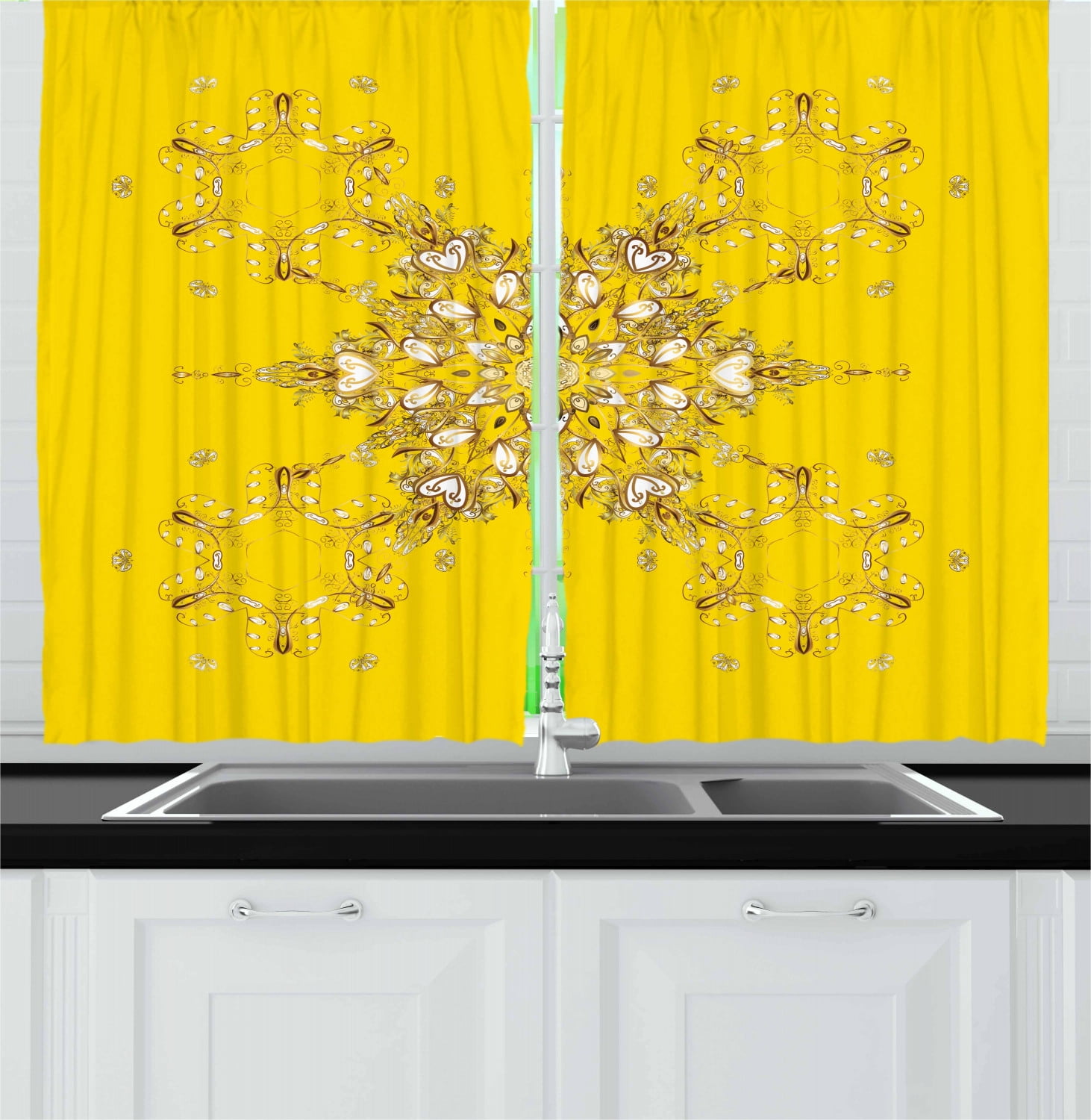 Yellow Damask Curtains 2 Panels Set, Oriental Arabesque Floral Elements