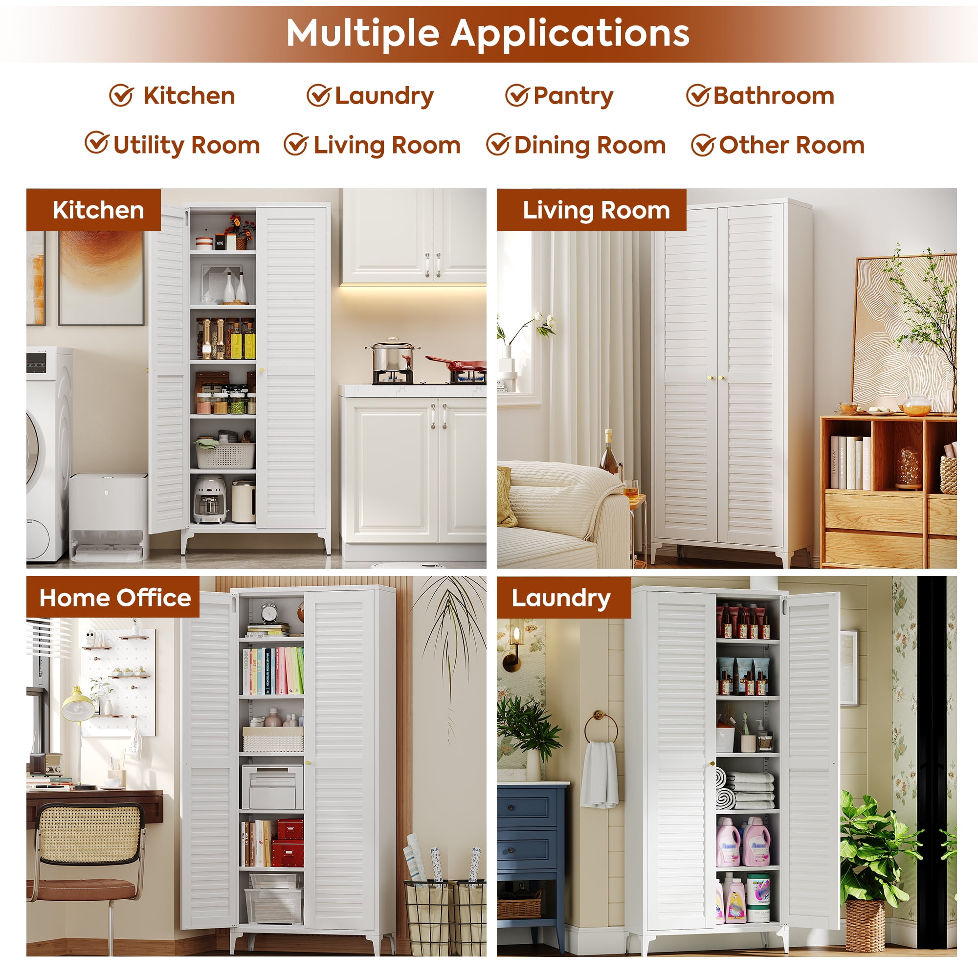 AOBABO Kitchen Pantry Storage Cabinet with 2 Doors,Metal Storage Cabinets with 5 Adjustable Shelves for Kitchen,White