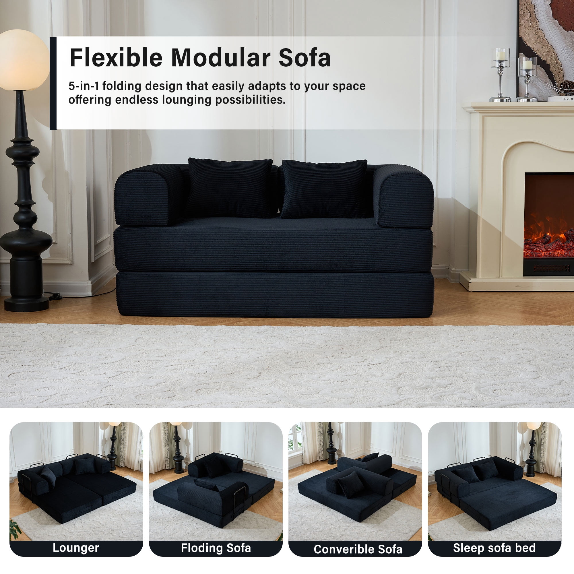 59" 5-in-1 Convertible Corduroy Sofa Bed, No-Assembly Boneless Loveseat Pull-Out Sleeper for Small Spaces(Black)