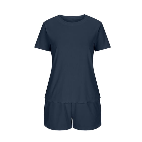 Hrsba Casual Solid Color Pajama Set for Women Short Sleeve Top and Shorts Lightweight Summer Soft Breathable Ladies Sleepwear Nightwear Set
