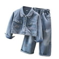 thumbnail image 3 of RUTAYY Children Girls Outfit Denim Sets Fall Lapel Buttons Printed Letters Coat Elastic Waist Trousers Stylish Outfit 2-Pack 3-13 Years Fashion Clothing, 3 of 9