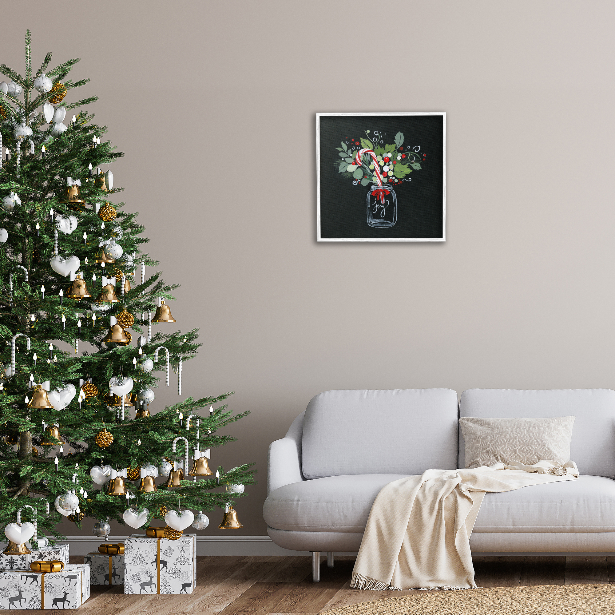 Stupell Industries Joy Candy Cane Jar Holiday Painting White Framed Art Prints Wall Art, 24 x 24