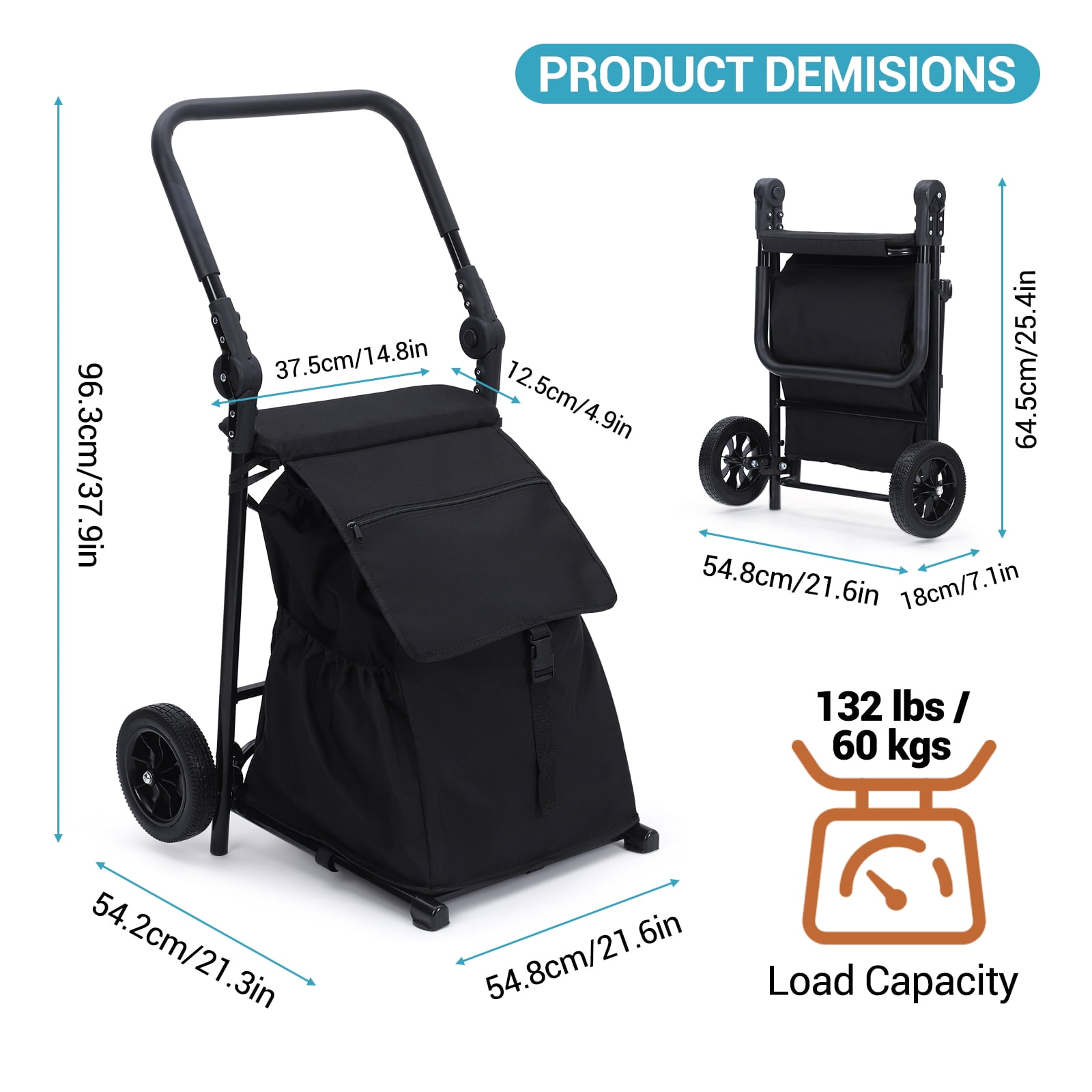 2-in-1 Collapsible Grocery & Utility Cart, 32.5 Gal Removable Waterproof Bag, Heavy-Duty Rolling Hand Truck, Cushioned Seat, Adjustable Non-Slip Handle,  for Seniors, Laundry, Market, Travel