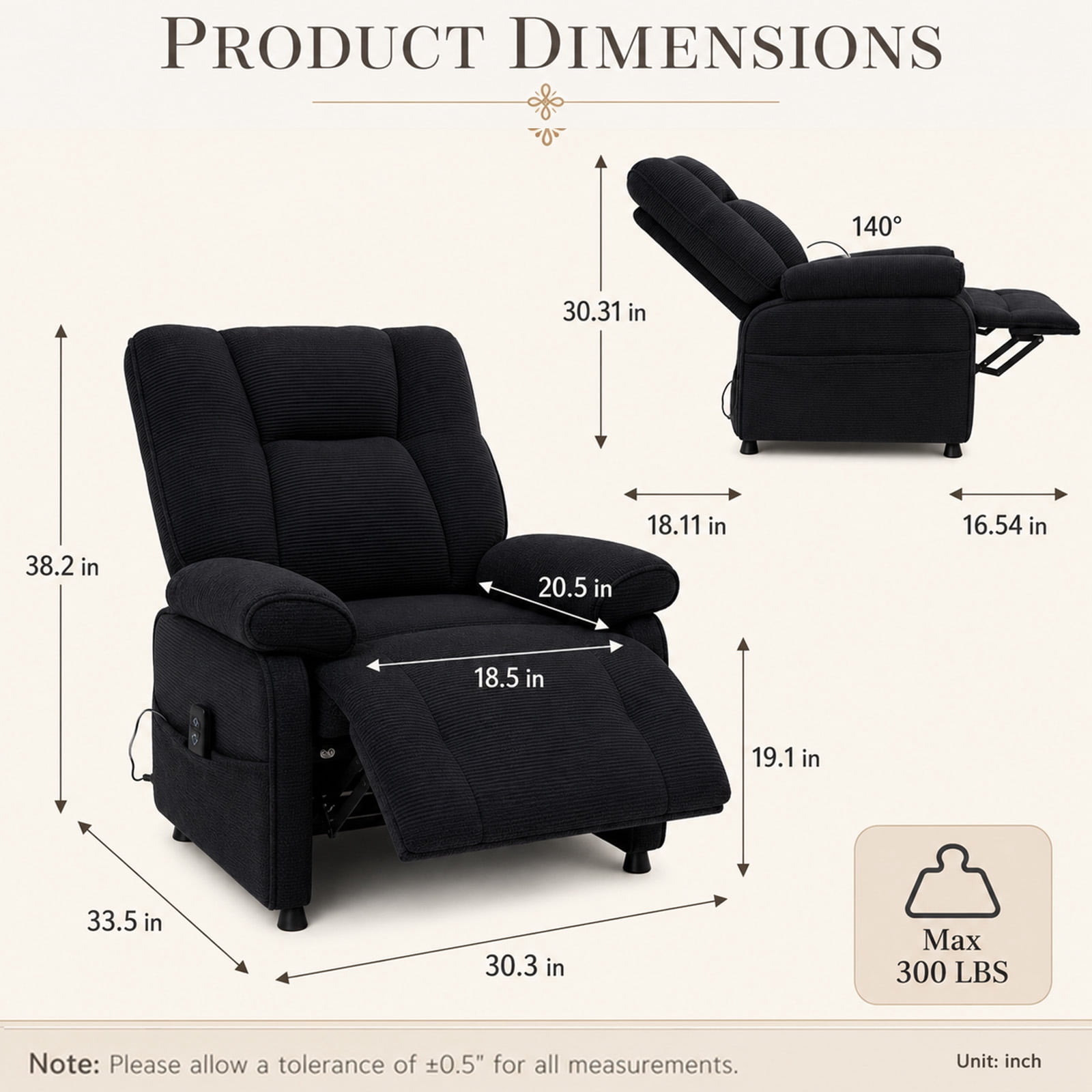 Leumius Recliner Chair, Ergonomic Tufted Cushion Single Recliner with Chenille Fabric, Side Storage Pocket, Anti-Slip Wooden Legs, 300lbs Capacity for Living Room Bedroom Gaming Lounge,Dark Gray